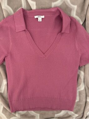 Pink Ribbed V-Neck Polo Sweater